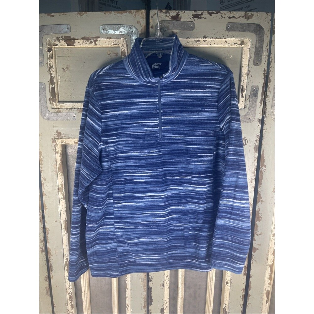 Lands End Fleece Womens Size XL (18) Blue Stripe 1/4 Zip Long Sleeve Warm